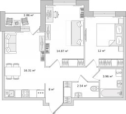 ЖК «Город Первых», планировка 2-комнатной квартиры, 57.20 м²