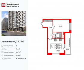 ЖК «Титул в Московском», планировка 1-комнатной квартиры, 36.77 м²