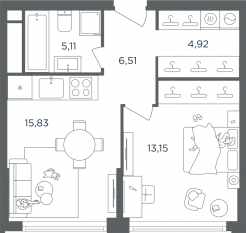 ЖК «Headliner», планировка 2-комнатной квартиры, 42.20 м²