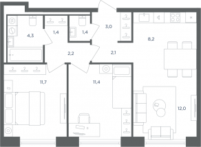 МФК «Равновесие», планировка 3-комнатной квартиры, 57.70 м²