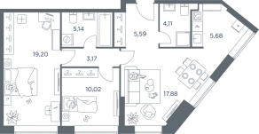 ЖК «iLove», планировка 3-комнатной квартиры, 70.30 м²