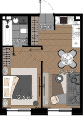 МФК «Зорге 9», планировка 1-комнатной квартиры, 36.00 м²