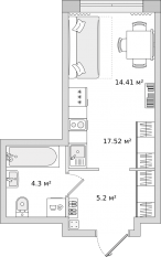 ЖК ЦДС «Новые Горизонты», планировка студии, 24.20 м²