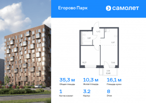 ЖК «Егорово Парк», планировка 1-комнатной квартиры, 35.31 м²