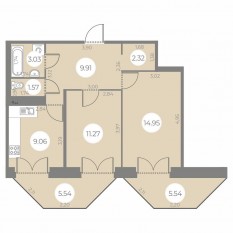 ЖК «Огни Залива», планировка 2-комнатной квартиры, 55.43 м²