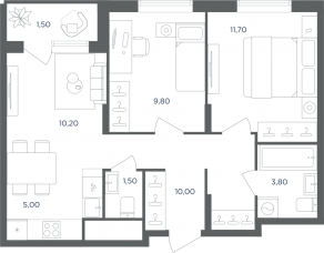 МФК «Равновесие», планировка 3-комнатной квартиры, 53.50 м²
