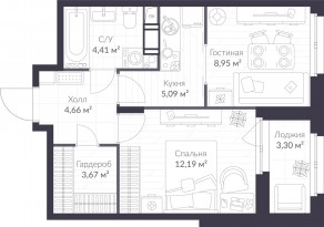 ЖК «Veren Nort сертолово», планировка 1-комнатной квартиры, 40.62 м²