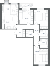 МФК «Равновесие», планировка 4-комнатной квартиры, 77.30 м²