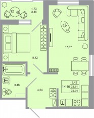 ЖК «Стороны света-2», планировка 1-комнатной квартиры, 35.34 м²