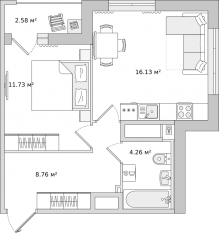 ЖК «Город Первых», планировка 1-комнатной квартиры, 43.46 м²