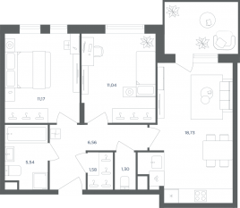 МФК «Равновесие», планировка 2-комнатной квартиры, 54.80 м²