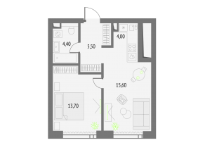 ЖК «Upside Towers», планировка 1-комнатной квартиры, 43.20 м²