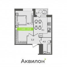 ЖК «FoRest Аквилон», планировка 1-комнатной квартиры, 37.00 м²