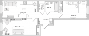 ЖК ЦДС «Новые Горизонты», планировка 2-комнатной квартиры, 63.70 м²