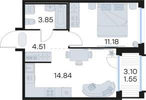 ЖК «GloraX Парголово», планировка 1-комнатной квартиры, 35.93 м²