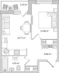 ЖК «Город Первых», планировка 1-комнатной квартиры, 40.70 м²