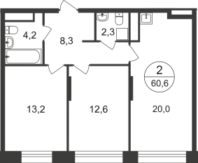 ЖК «Первый Московский», планировка 2-комнатной квартиры, 60.60 м²