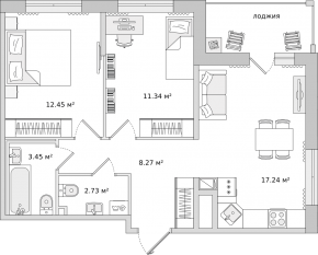ЖК ЦДС «Dreamline», планировка 2-комнатной квартиры, 60.92 м²
