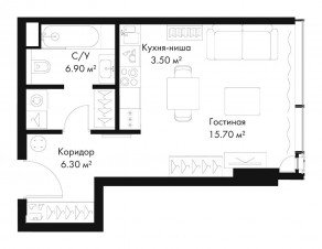 МФК «SLAVA», планировка студии, 32.40 м²