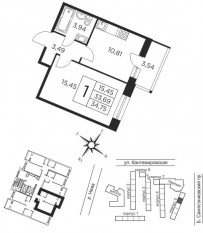 ЖК «Новый Лесснер», планировка 1-комнатной квартиры, 33.69 м²