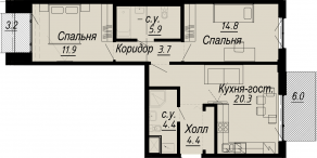ЖК «Meltzer Hall», планировка 2-комнатной квартиры, 67.20 м²