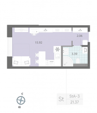 ЖК «Цивилизация на Неве», планировка студии, 21.37 м²