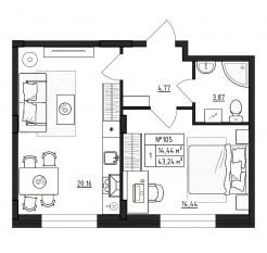 МЖК «Верево-Сити», планировка 1-комнатной квартиры, 43.24 м²