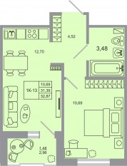 ЖК «Стороны света-2», планировка 1-комнатной квартиры, 32.87 м²