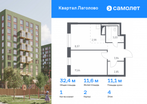 ЖК «Квартал Лаголово», планировка 1-комнатной квартиры, 32.42 м²