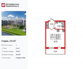 ЖК «Парадный ансамбль», планировка студии, 24.50 м²