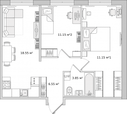 ЖК «Parkolovo», планировка 1-комнатной квартиры, 58.28 м²