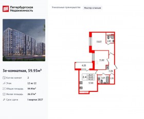 ЖК «Бионика Заповедная», планировка 2-комнатной квартиры, 59.95 м²