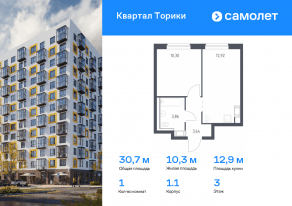 ЖК «Квартал Торики», планировка 1-комнатной квартиры, 30.72 м²
