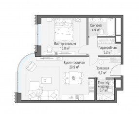 ЖК Дом «Лаврушинский», планировка 1-комнатной квартиры, 67.20 м²