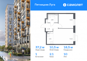 ЖК «Пятницкие Луга», планировка 1-комнатной квартиры, 37.24 м²