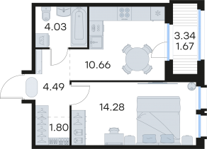 ЖК «GloraX Парголово», планировка 1-комнатной квартиры, 36.93 м²