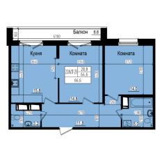ЖК «Прагма City», планировка 2-комнатной квартиры, 66.60 м²