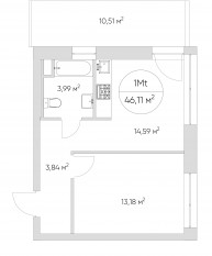 Апарт-комплекс «N'ice loft», планировка 1-комнатной квартиры, 46.10 м²