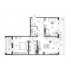 ЖК «Миръ», планировка 2-комнатной квартиры, 91.90 м²