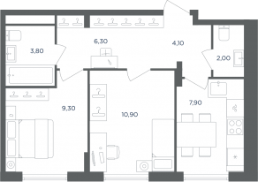 МФК «Равновесие», планировка 2-комнатной квартиры, 44.30 м²