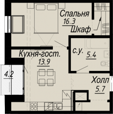 ЖК «Meltzer Hall», планировка 1-комнатной квартиры, 42.50 м²