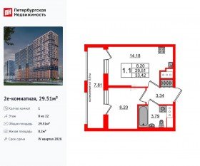 ЖК «Город звезд», планировка 1-комнатной квартиры, 29.51 м²