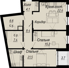 ЖК «Meltzer Hall», планировка 2-комнатной квартиры, 87.70 м²