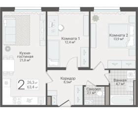 ЖК «Руднева, 15», планировка 2-комнатной квартиры, 63.40 м²