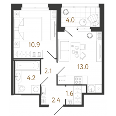 ЖК «Литера», планировка 1-комнатной квартиры, 34.20 м²