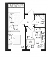 МЖК «Верево-Сити», планировка 1-комнатной квартиры, 39.66 м²