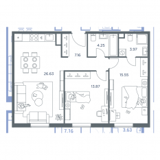 ЖК «iLove», планировка 2-комнатной квартиры, 71.80 м²