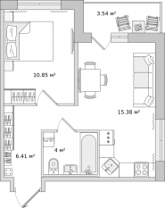 ЖК «Parkolovo», планировка 1-комнатной квартиры, 37.00 м²