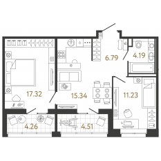 ЖК «Ultra City 3.0», планировка 1-комнатной квартиры, 54.87 м²