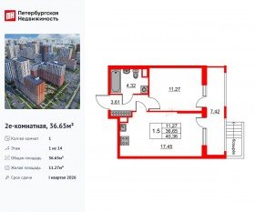 ЖК «Город звезд», планировка 1-комнатной квартиры, 36.65 м²